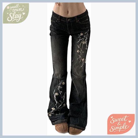 Denim - Stretchy Flare Jeans Mid Rise Embroidery Vintage Denim Pants Y2K